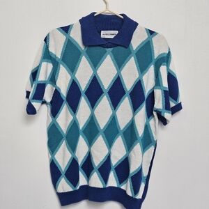 Vintage Alfred Dunner Argyle Polo Knit Sweater CollardShirt Sz M Blue
